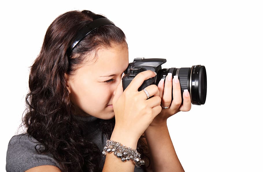 女性, 保持, 黒, デジタル一眼レフカメロア, カメラ, デジタル, 機器, 女の子, 孤立した, レンズ