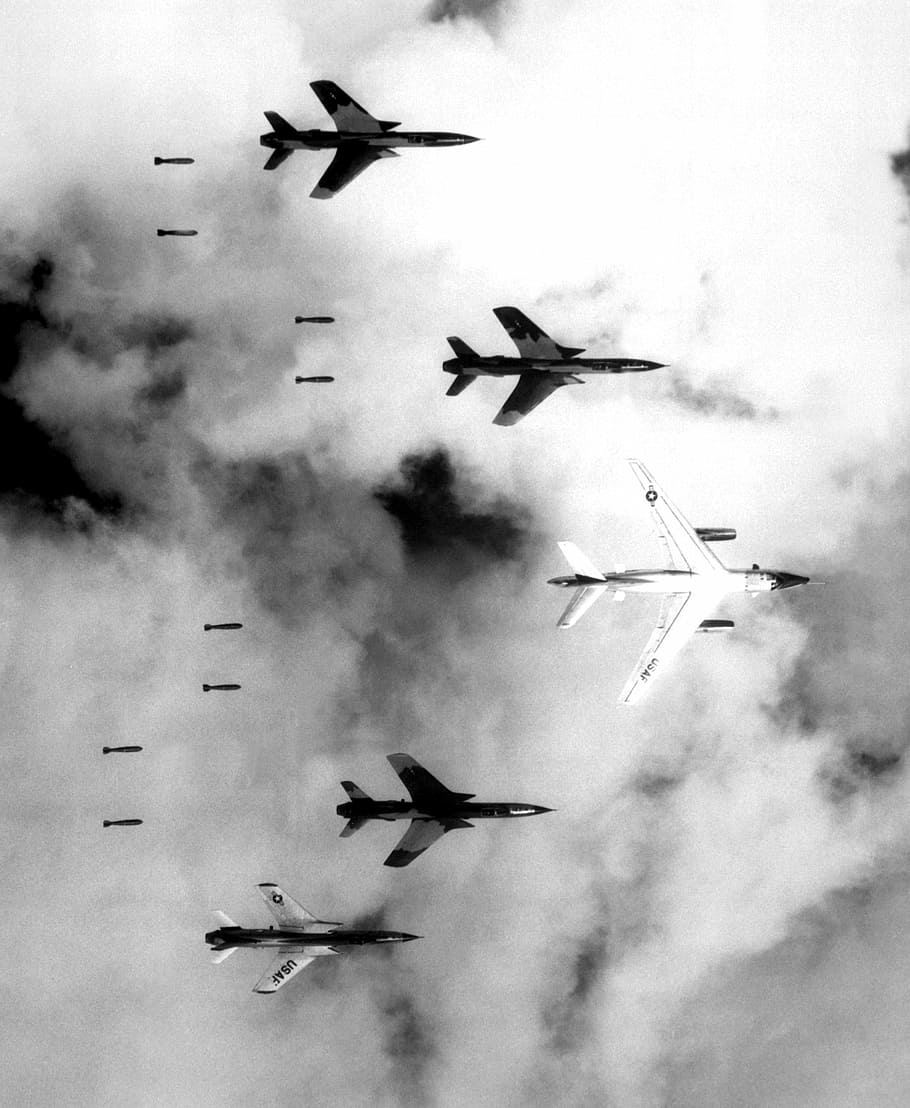 b-66, b -66 destroyer, four, f-105, f -105 thunderchiefs, dropping, bombs, B-66 Destroyer, F-105 Thunderchiefs, dropping bombs