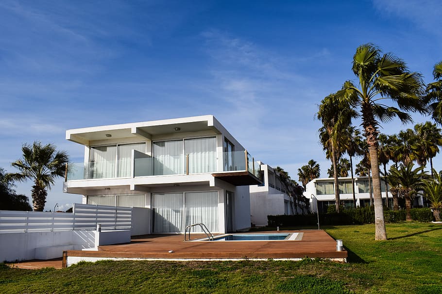 white concrete house, Detached, Villa, Resort, Architecture, detached villa, resort, architecture, exterior, residential, building