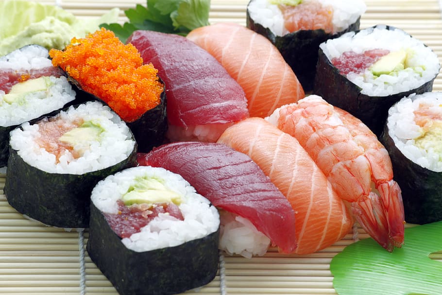 hidangan sushi, sushi, jepang, asia, makanan, mentah, sashimi, segar, roti, masakan