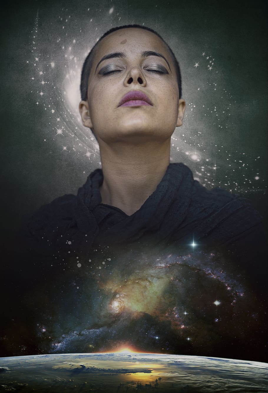 fantasy, portrait, fantasy portrait, meditation, conciousness, space, constellations, mother earth, woman, beauty