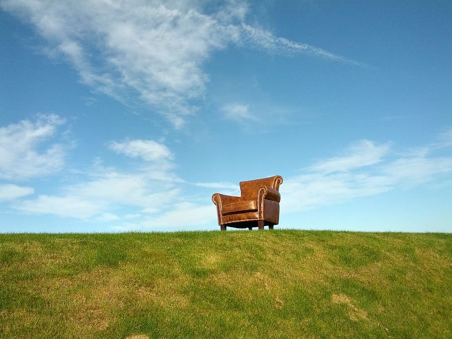 marrón, cuero, acolchado, sillón con orejas, silla, sillón, colina, exterior, césped, cielo