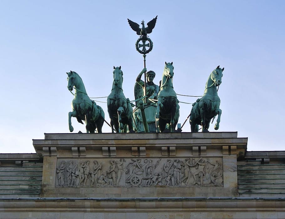 Gerbang Brandenburg, Quadriga, Berlin, tengara, representasi hewan, patung, kuda, sejarah, struktur yang dibangun, seni dan kerajinan