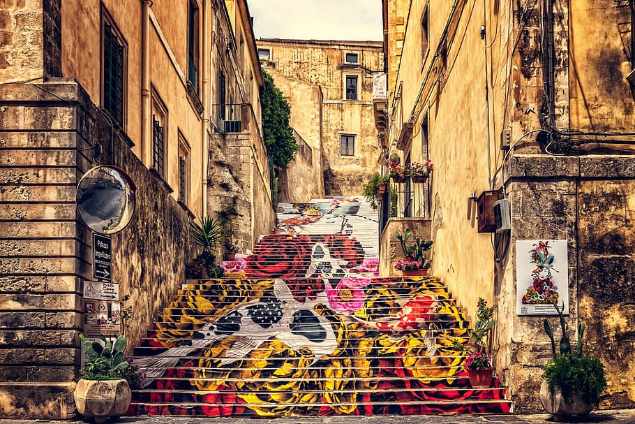 stairs, mural, sicily, noto, old town, italy, street art, alley, architecture, houses facades