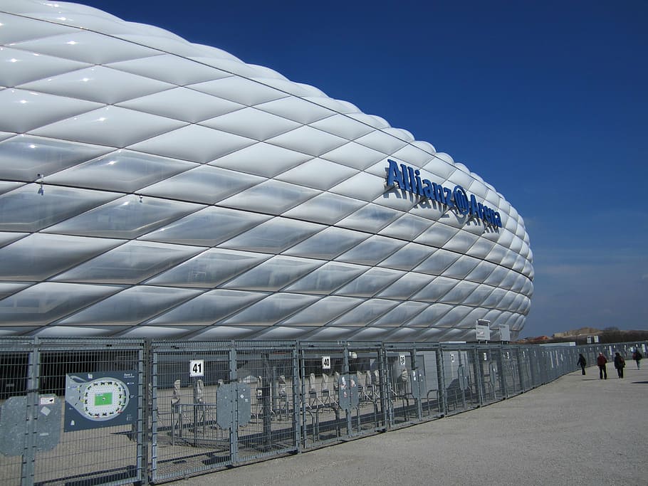 white, structure, daytime, munich, allianz arena, fc bayern, architecture, sky, built structure, incidental people
