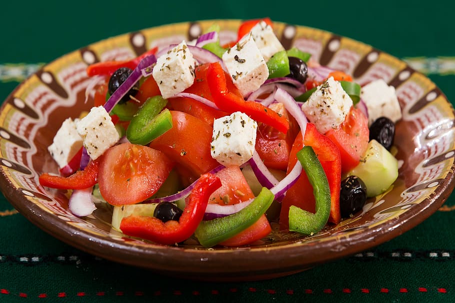 sliced, spices, plate, food, greek salad, caprese, meal, vegetables, restaurant food, dinner