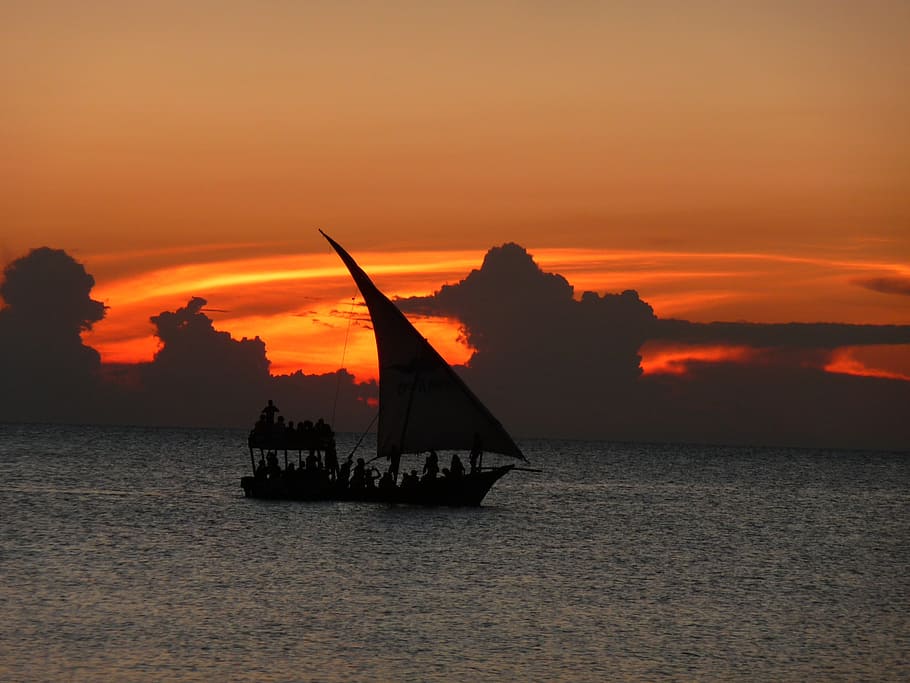 sunset, zanzibar, sea, evening, sky, orange, boat, water, ocean, nautical Vessel