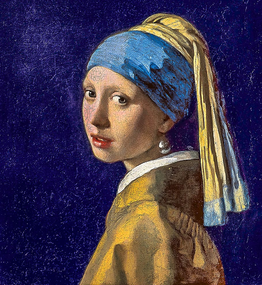 girl with the pearl earring, restored fresco, quality digital restoration, headshot, one person, portrait, hair, women, looking away, looking