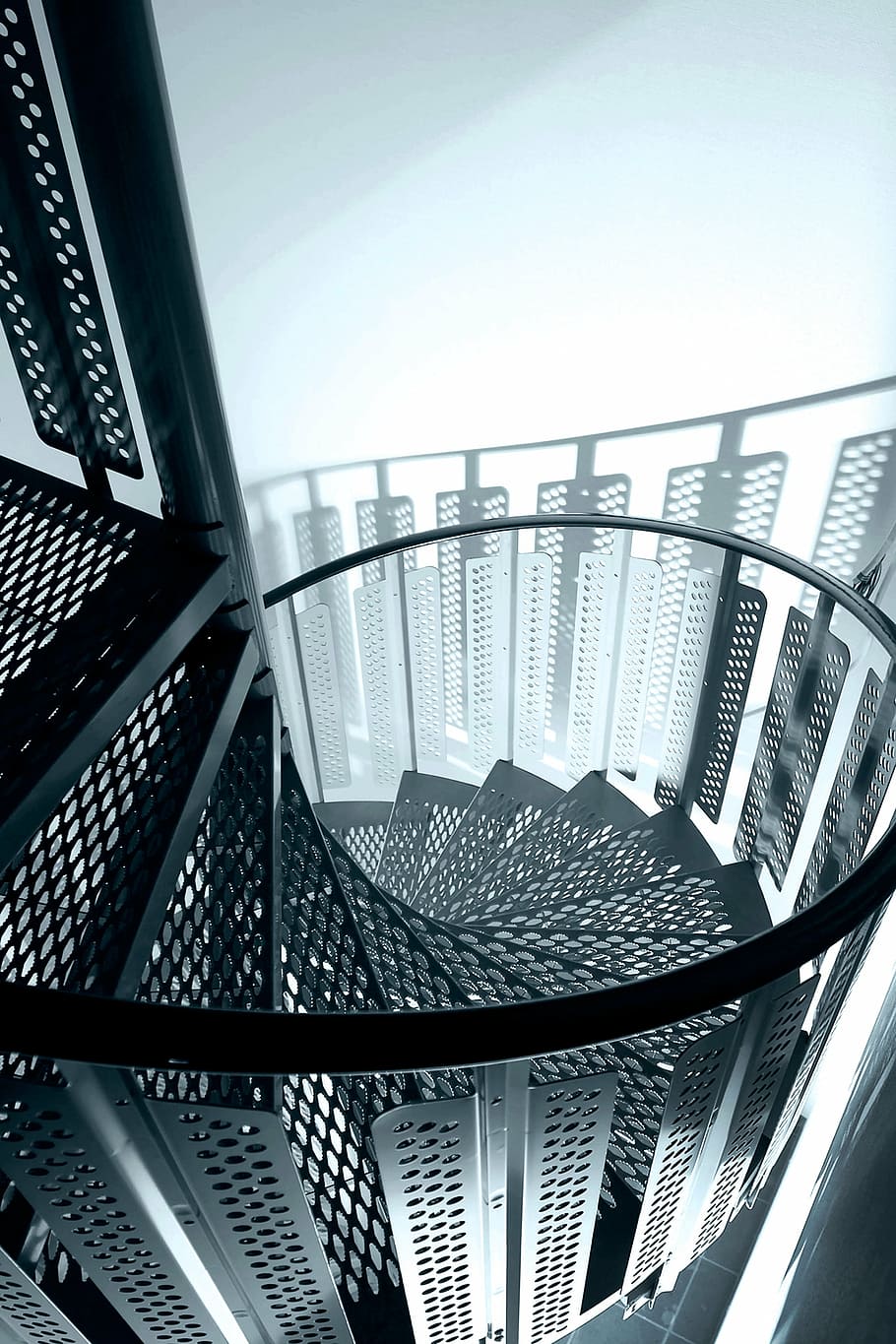 closeup, spiral staircase, photograph, gray, mesh, spiral, stairs, silhouette, steel, structure