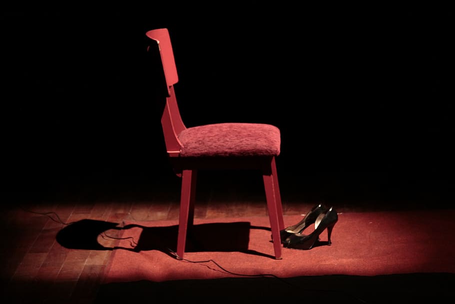 silla, zapato, escenario, teatro, sombra, iluminación, rojo, en el interior, tiro del estudio, oscuro