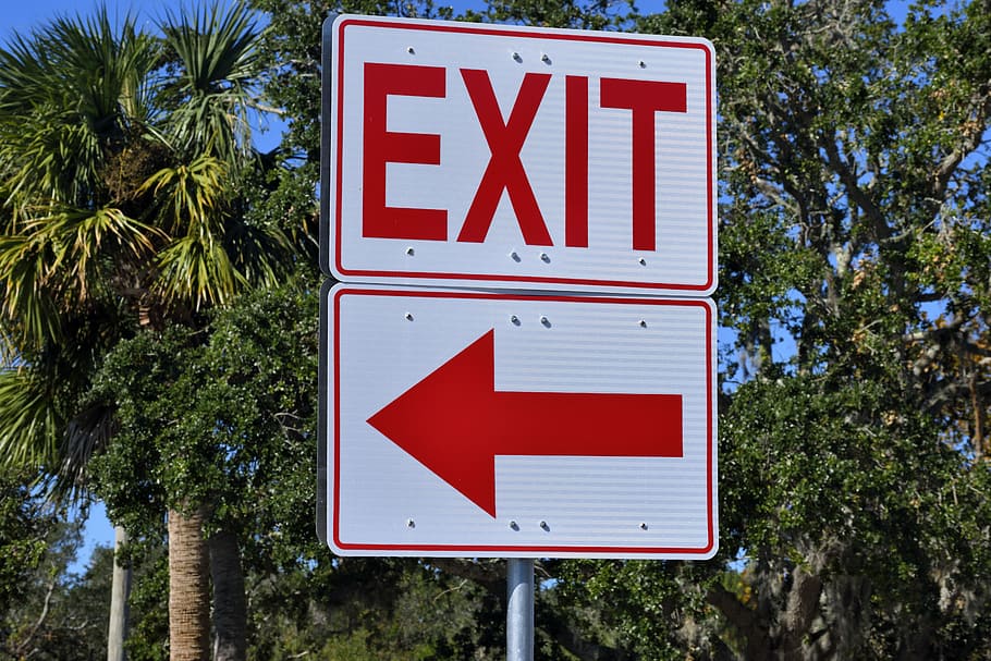 white-and-red exit, arrow road signages, exit sign, sign, symbol, white, red, arrow, direction, way