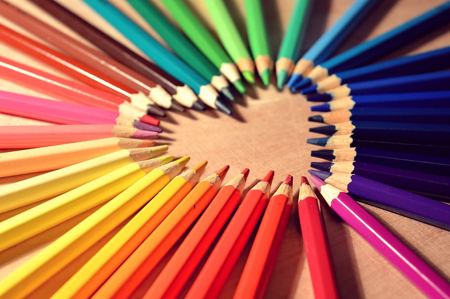 warna-warni, pena warna, pembentukan jantung, krayon, hati, cinta, seni, warna, multi-warna, pensil