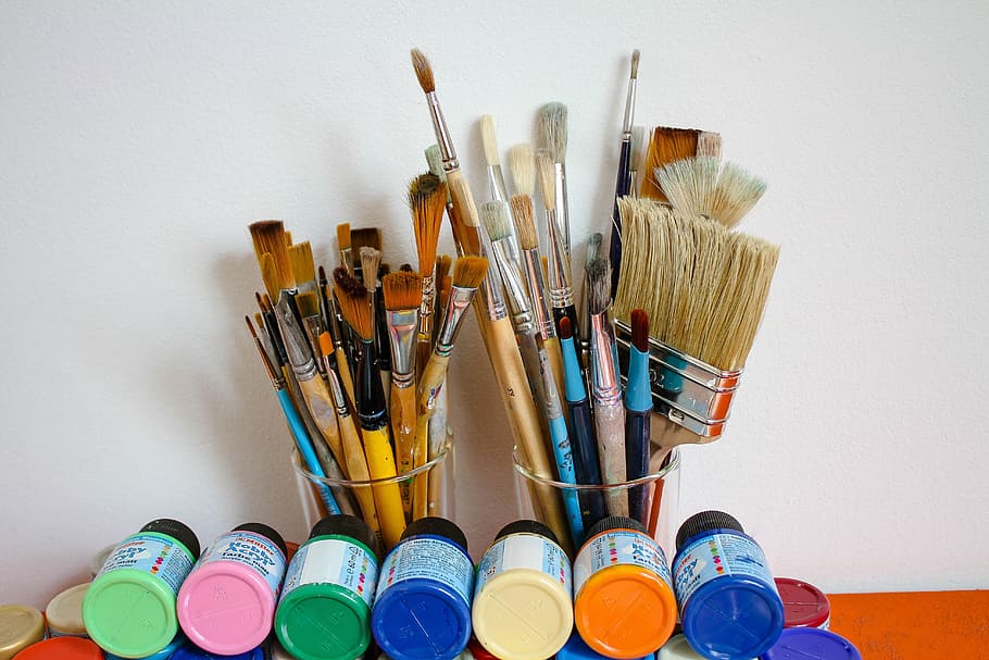 assorted, paint brushes, glass cup, brush, painter brush, cans of paint, color, paint, artists, brush hair