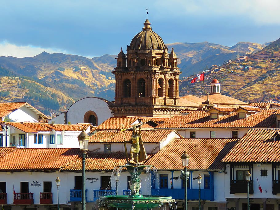 brown, cathedral, houses, cusco, landscape, city, roofs, church, architecture, europe