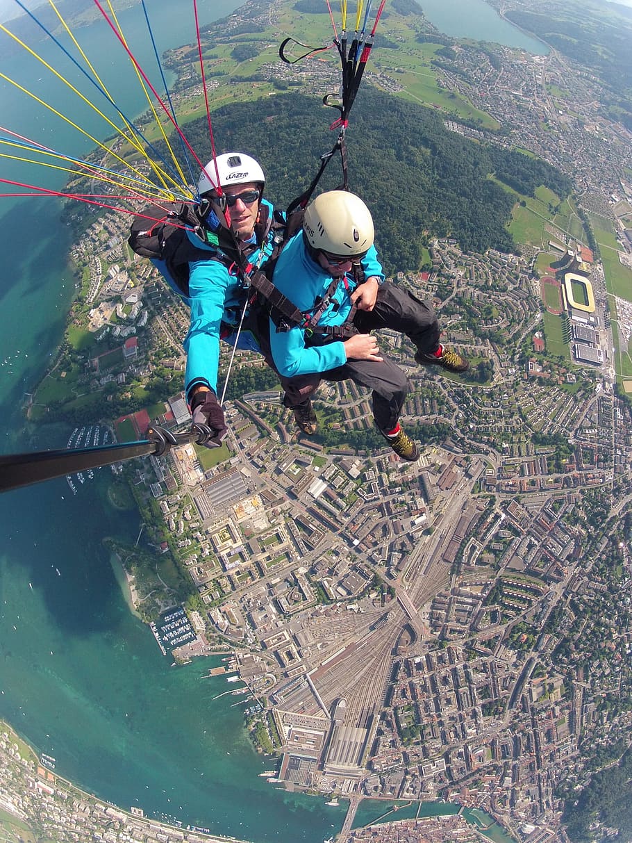 two, person, riding, sky, diving, parachute, volaris paragliding, tandem flight, paragliding, bird's eye view