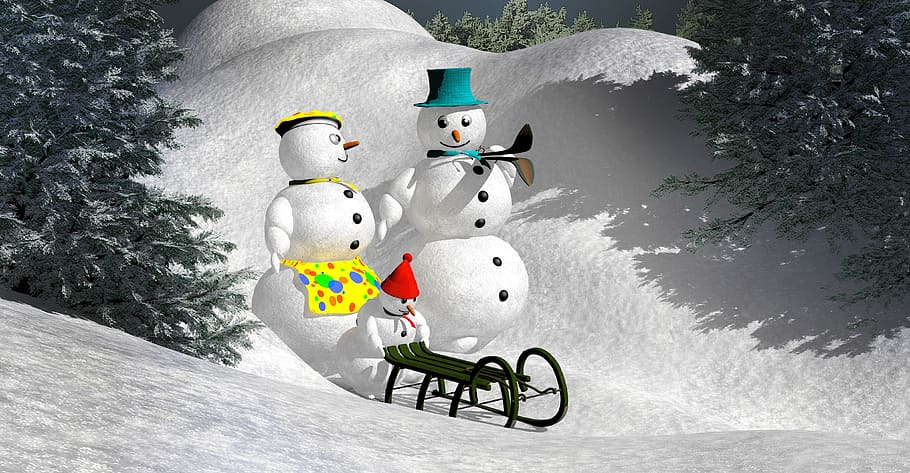 black, wooden, sled, tree, Snowman, sledge, christmas, snow, winter, new year