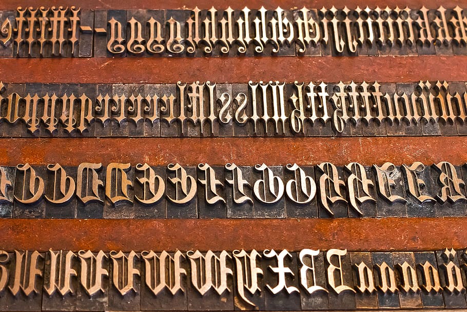 letters, brass, book printing, mechanical process, font, typography, johannes gutenberg, printing system, wash, mirrored