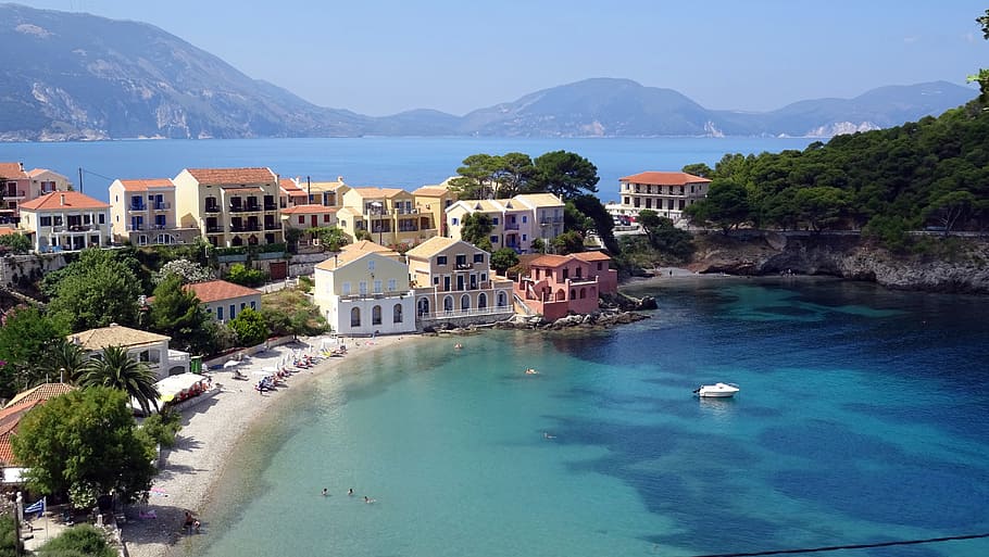 aerial, photography, village, sea, greece, assos, island, turquoise, kefalonia, cephalonia