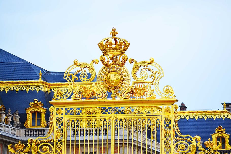 architecture, building, infrastructure, palace of versailles, landmark, gold, building exterior, built structure, gold colored, sky