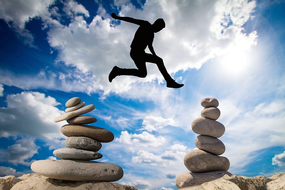man, jumping, balance stones, balance, risk, courage, risky, high spirits, rock, sky