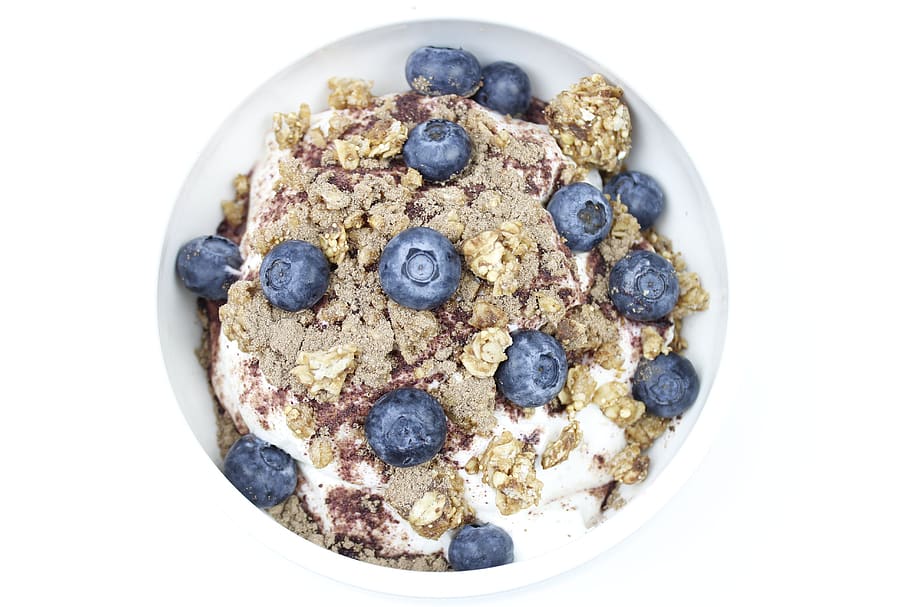 granola, breakfast, blueberry, food and drink, food, fruit, berry fruit, white background, healthy eating, freshness