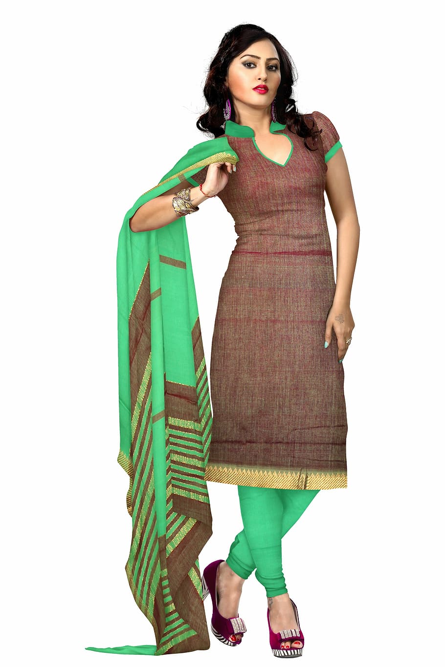 mujeres, marrón, verde, vestido kurti, ropa india, moda, seda, vestido, mujer, modelo
