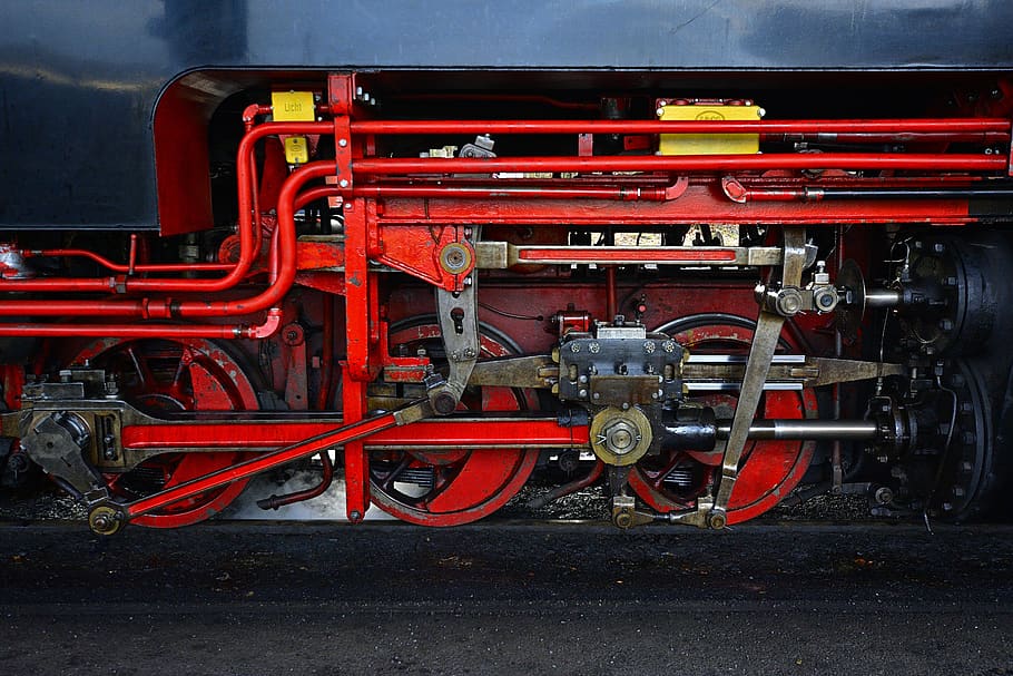 steam locomotive, close up, linkage, technology, rail traffic, drive, frame, transportation, mode of transportation, red