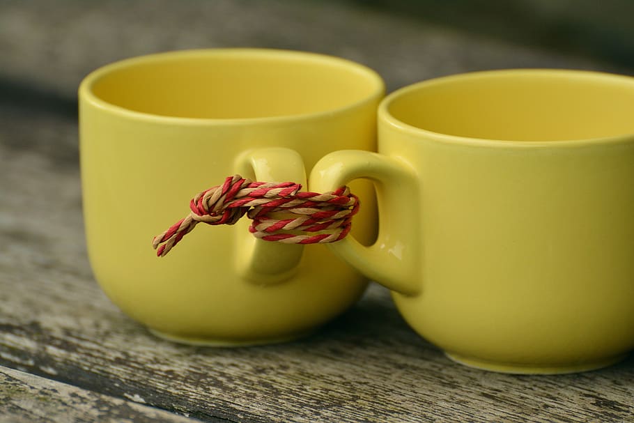 two, yellow, mugs, wooden, surface, t, for two, together, partnership, pull together