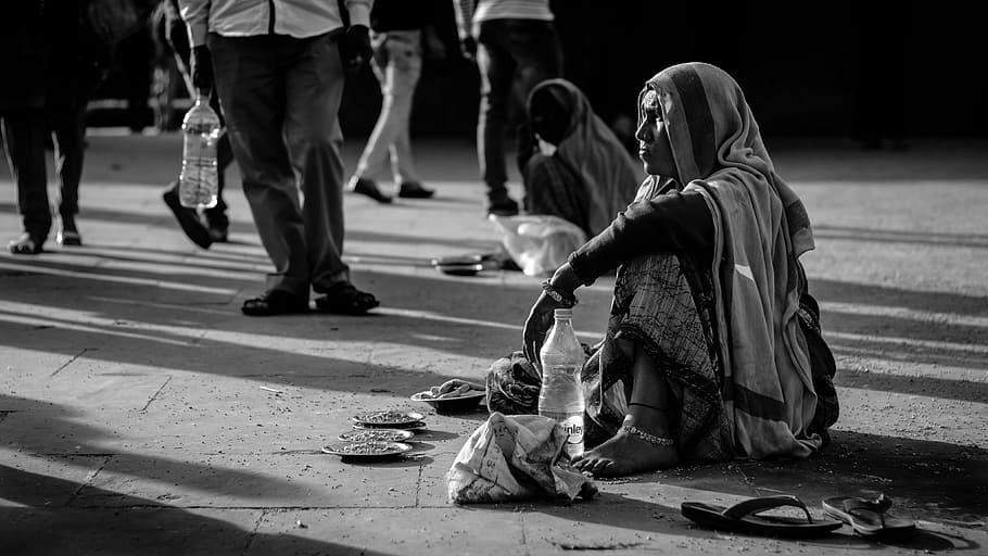 woman, wearing, white, dress, street, beggar, homeless, poverty, poor, people