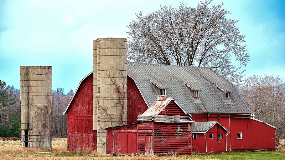 red, house, tree, barn, silo, outdoors, sky, wood, built structure, architecture