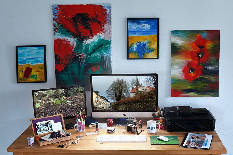 silver imac, keyboard, paintings, workplace, mockup, mac, desktop, creative, computer, apple