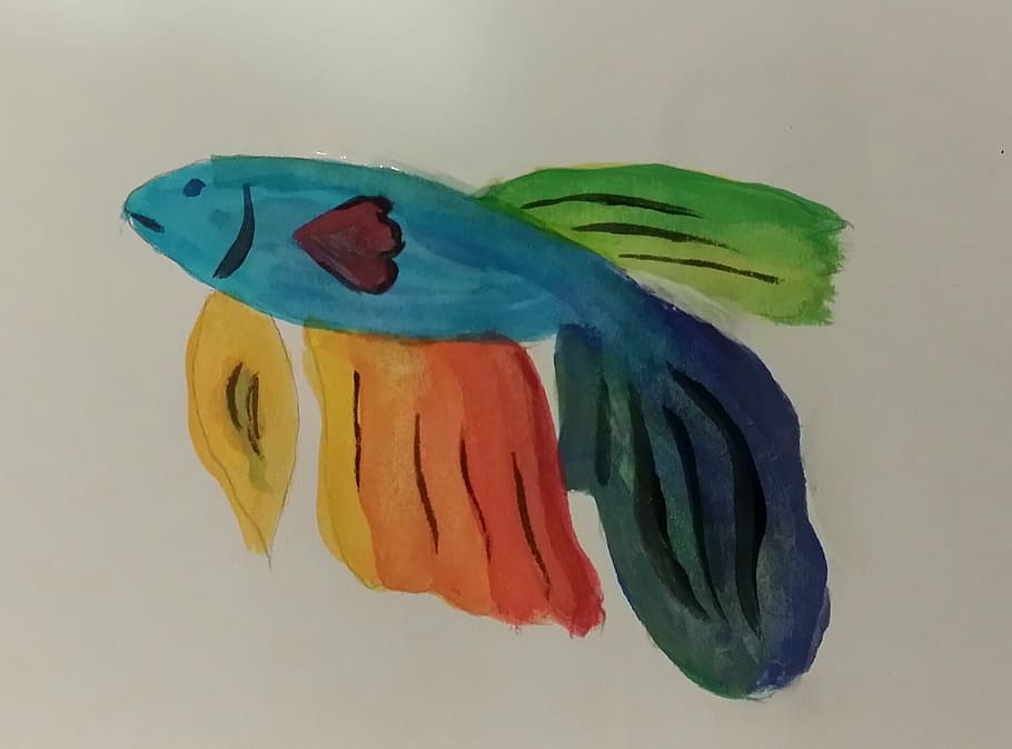 watercolor, fish, guppy, art, drawing, kids, children, blue, animal, multi colored