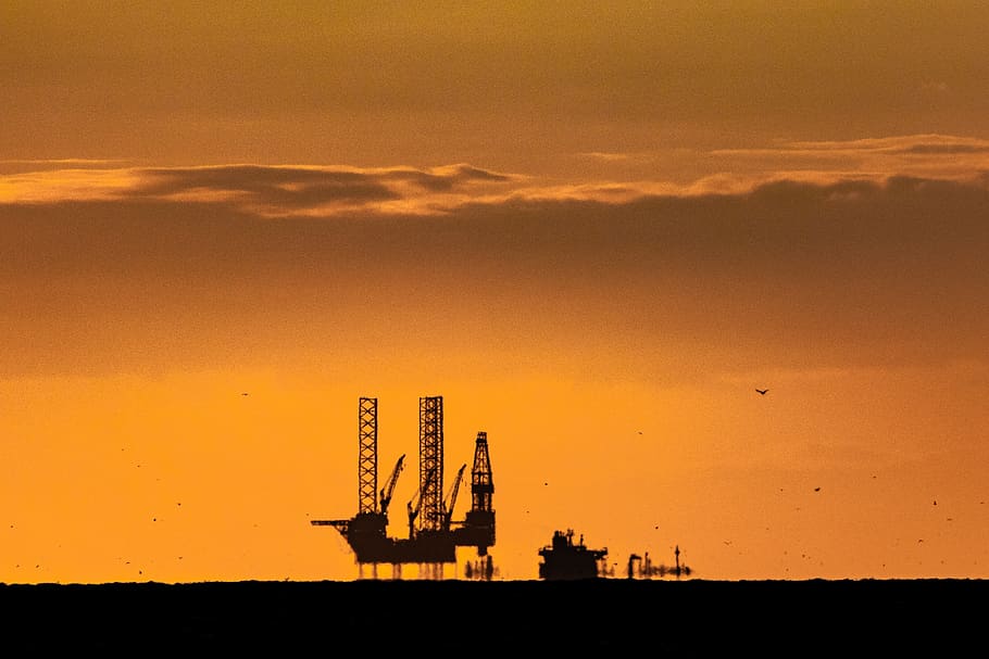 sunset, oil rig, north sea, holland, industry, sky, silhouette, machinery, oil industry, cloud - sky