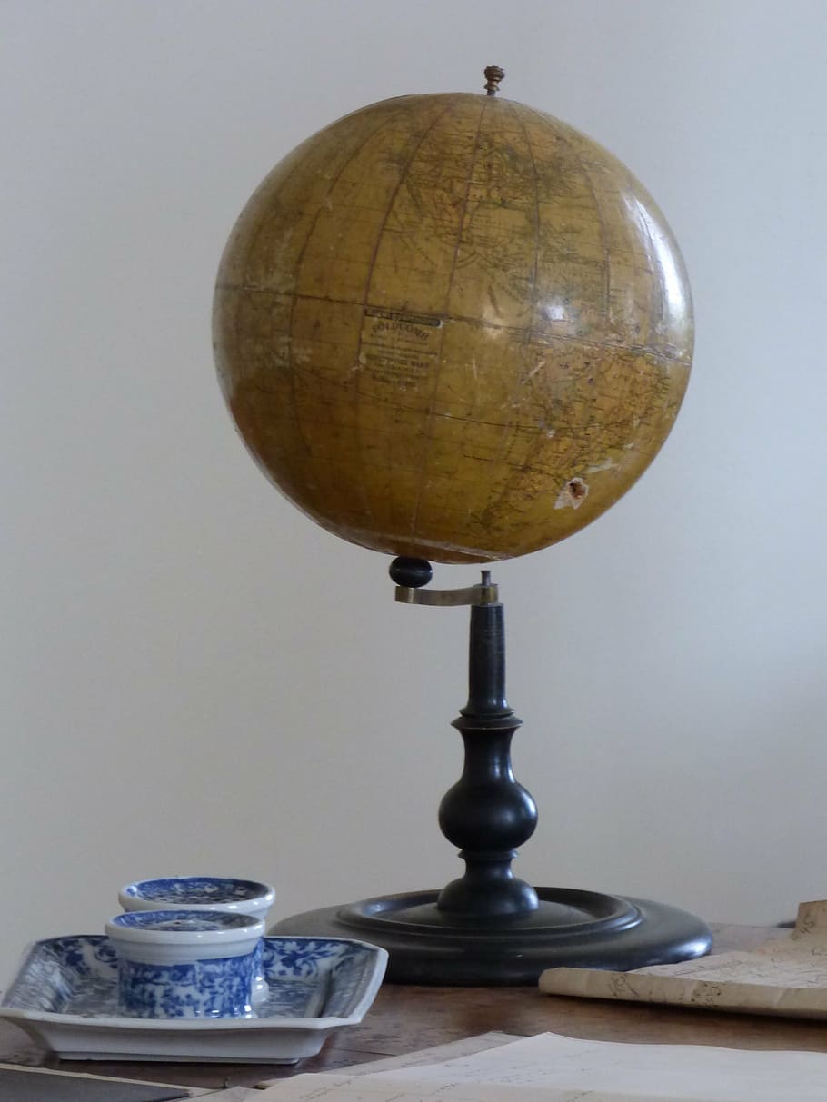 marrom, preto, globo de mesa, de madeira, superfície, globus, escola, terra, globo, planeta