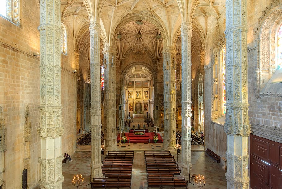 indoor cathedral, mosteiro dos jerónimos, lisbon, portugal, unesco world heritage, jeronimo monastery, church, architecture, religion, belief