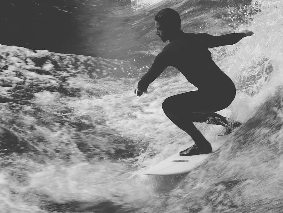 grayscale photo, man, riding, surfing board, surfer, surfing, surf, surfboard, waves, water