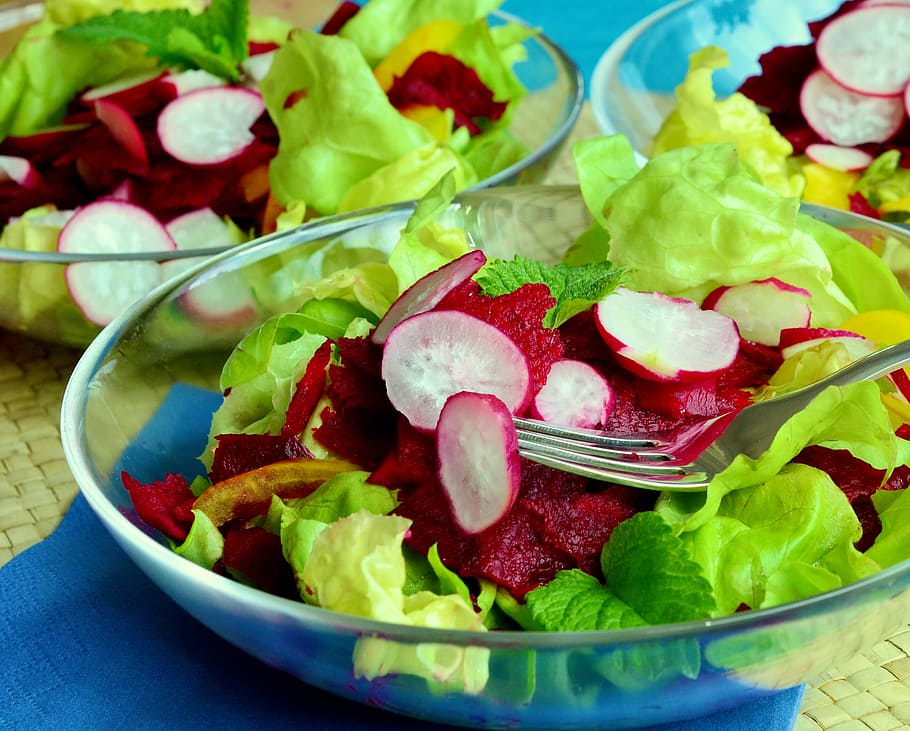 vegetable fruit, clear, glass bowl, salad, lettuce, mixed salad, beetroot, radishes, vitamins, food