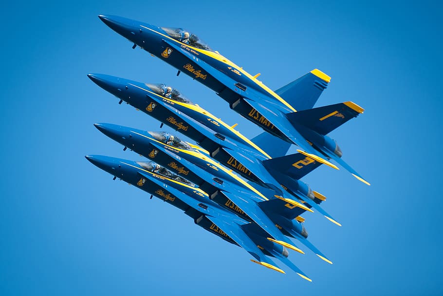 malaikat biru, jet, pesawat tempur, angkatan laut, militer, pesawat, udara, langit, kecepatan, pembentukan