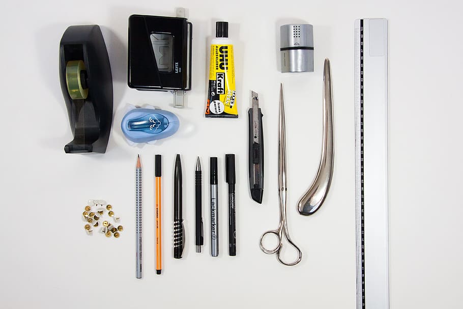 assorted, pens, scissors, tesa, tape dispenser, punch, punching device, adhesive, spitzer, ruler