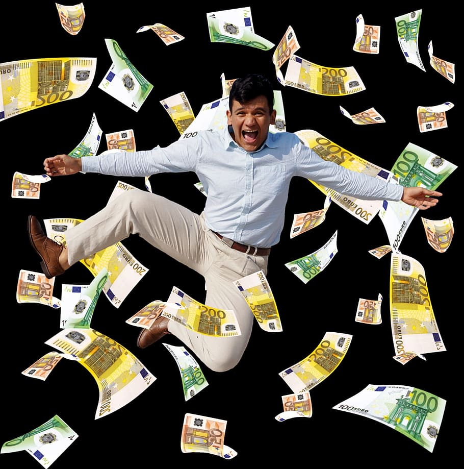 jumping, spreading, banknotes, Man, Winner, money rain, joy, happy, jump, cheerful