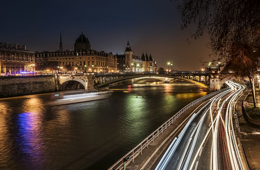 Paris, Seine, time-lapse, photography, road, bridge, night, built structure, architecture, connection