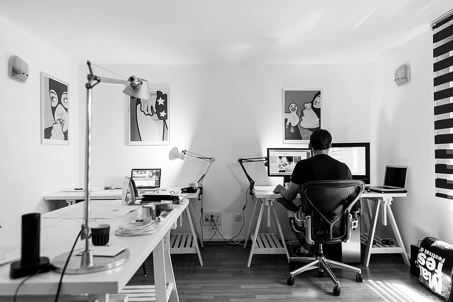 grayscale photo, man, using, computer, office, work, desk, workplace, indoor, business