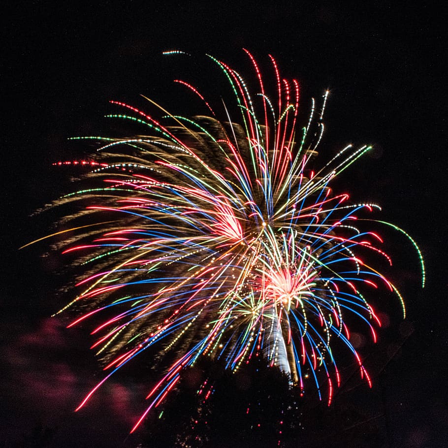 fireworks, night time, blue, red, green, still, light, display, colors, night