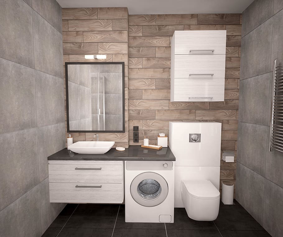 moderno, baño, grúa, apartamento, casa, dentro, diseño, gris, azulejos de madera, elegante baño