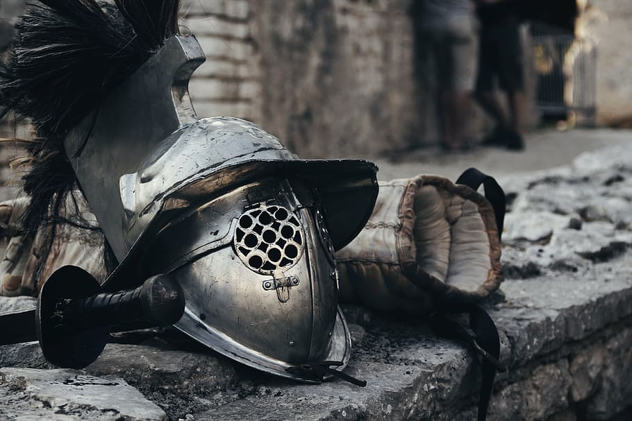 gladiator helmet, gladiator, warrior, gear, weapons, arena, roman, history, soldier, ancient