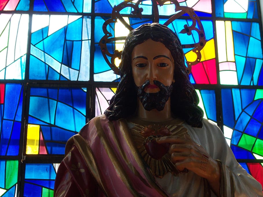 closeup, sacred, heart, jesus statue, christ, jesus, stained glass, portrait, one person, looking at camera