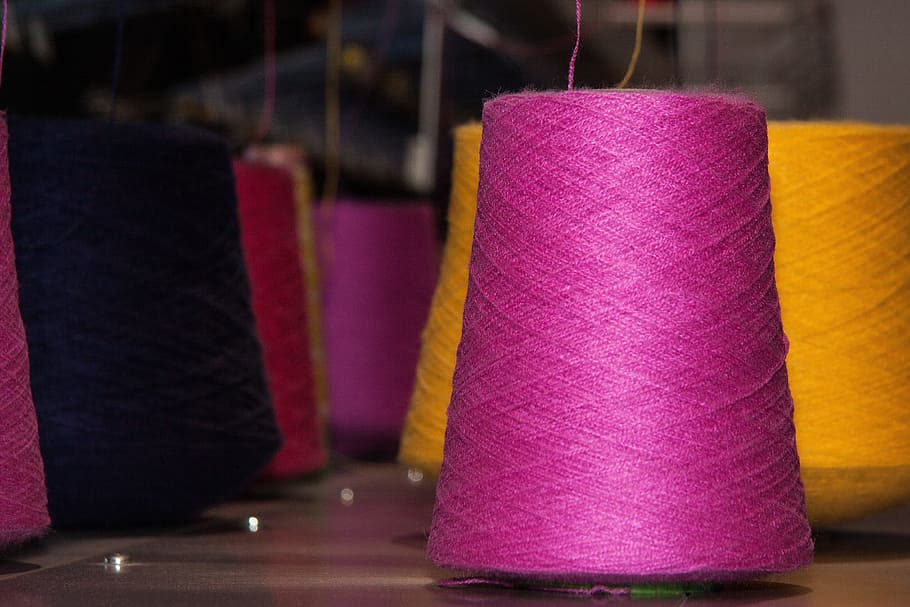 selective, focus photo, pink, thread, coil, yarns, flat knitting machine, knit, fully automatic, automatic