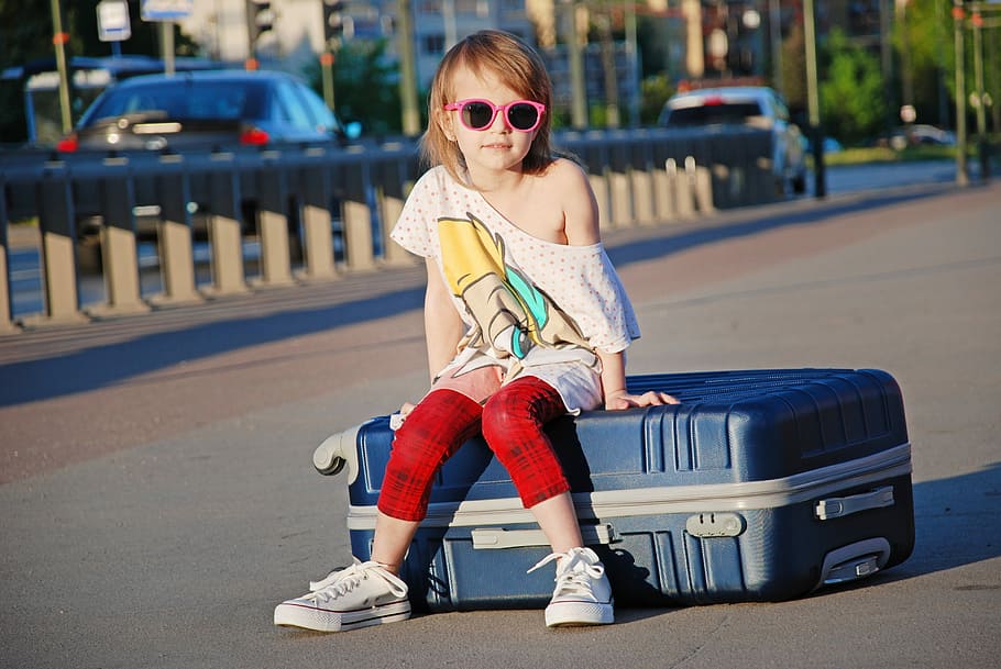 woman, sitting, black, luggage bag, street, city, suitcase, child, vacation, station