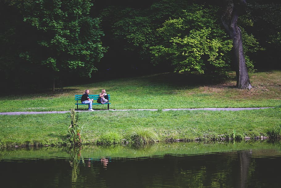 two, person, sitting, bench, body, water, trees, daytime, couple, love