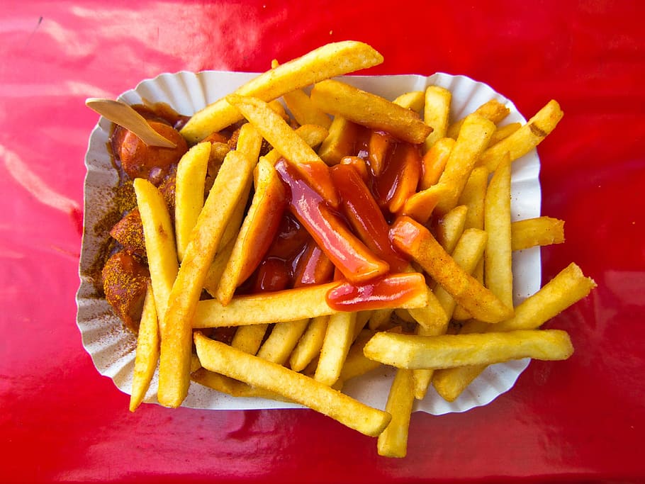 potato fries, sauce, currywurst, french fries, french, ketchup, eat, fast food, junk food, delicious